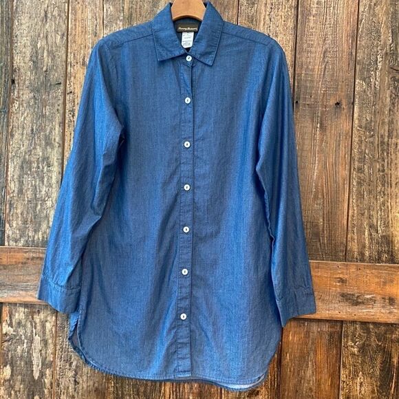 Tommy Bahama XS Blue Denim Chambray Button Down Relaxed Tunic Shirt - Picture 3 of 8